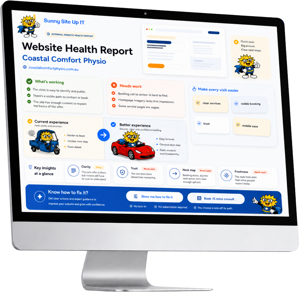 Sunny Site Up website health report shown on a desktop screen