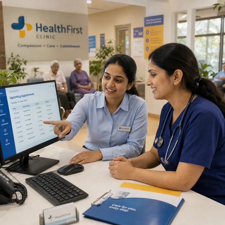 Clinic staff reviewing appointments on a desktop screen