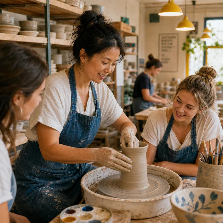 Creative studio team working together in a pottery workshop