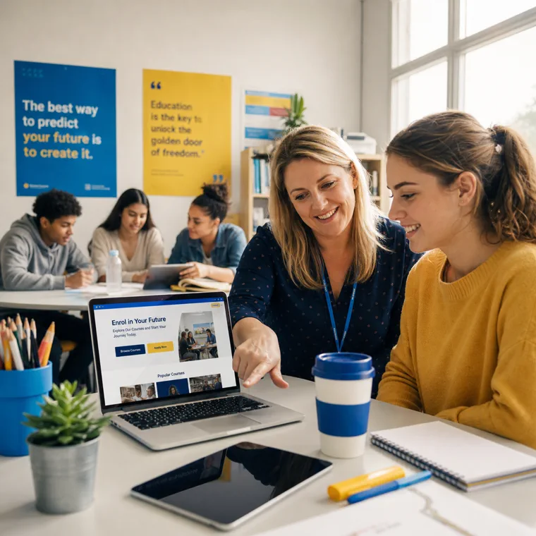 Teacher helping a student review a training provider website