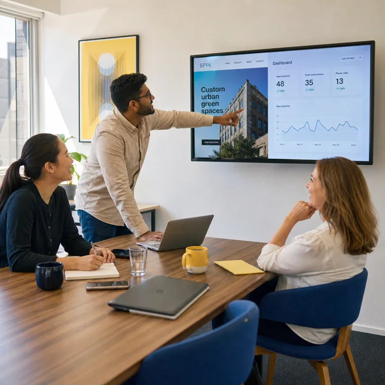 Small team reviewing website enquiry numbers on a wall screen