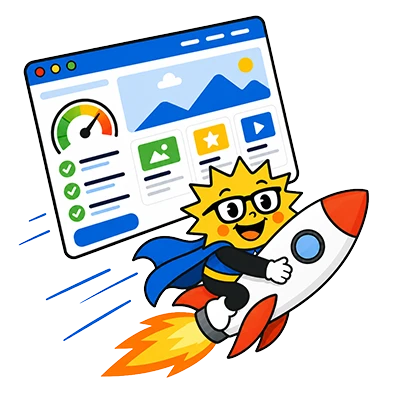 Sunny Site Up mascot riding a rocket